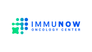 The image displays the logo for IMMUNOW Oncology Center. The logo consists of the word "IMMUNOW" in bold blue capital letters, with "Oncology Center" in smaller red font beneath it. To the left of the text, there's a cluster of circular shapes in various sizes and shades of blue and green, resembling a molecular or cellular structure. The background is plain, allowing the logo to stand out.