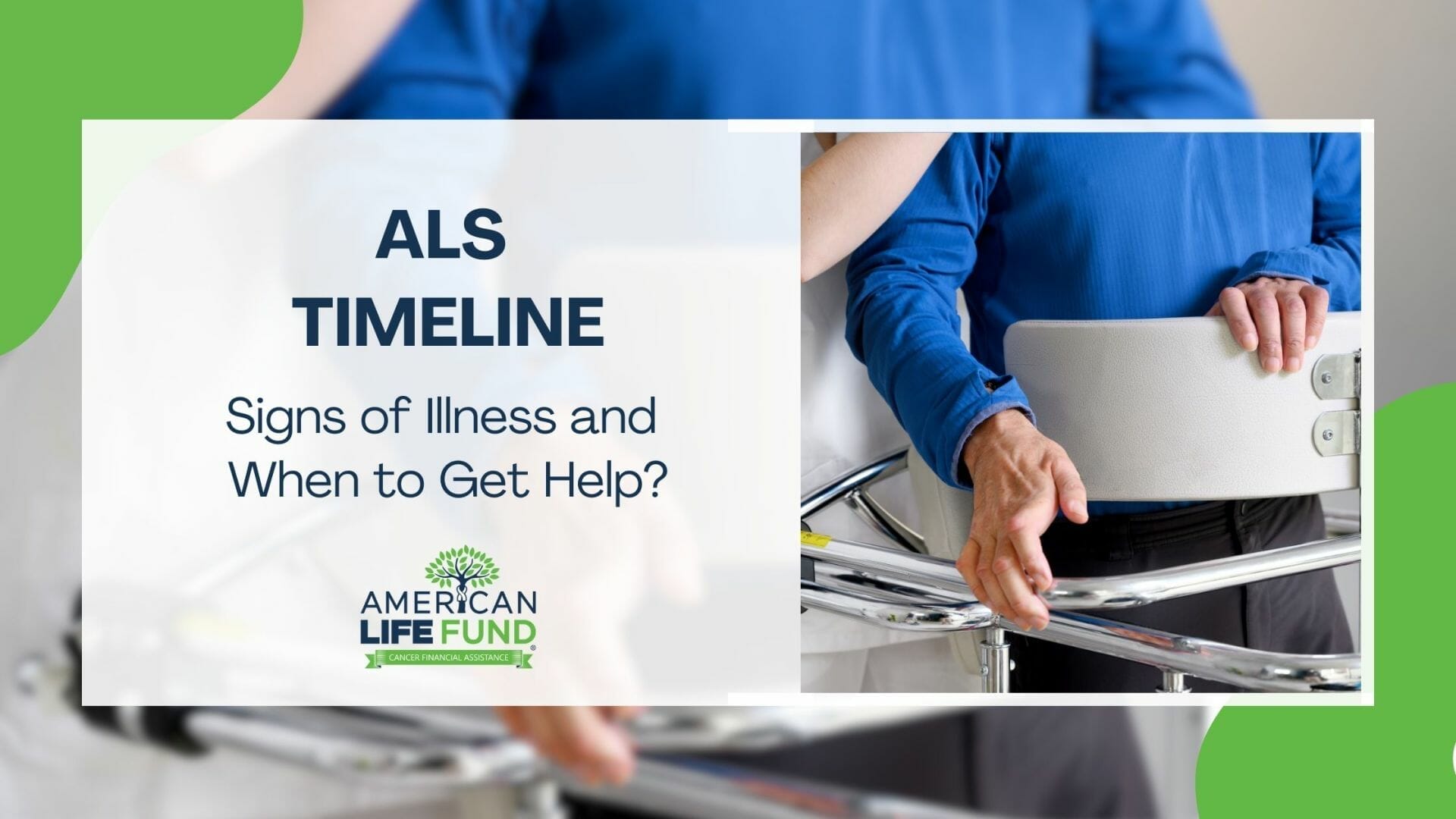 Blog feature image with a nurse helping a man in blue shirt with amyotrophic lateral sclerosis and a caption that says als timeline