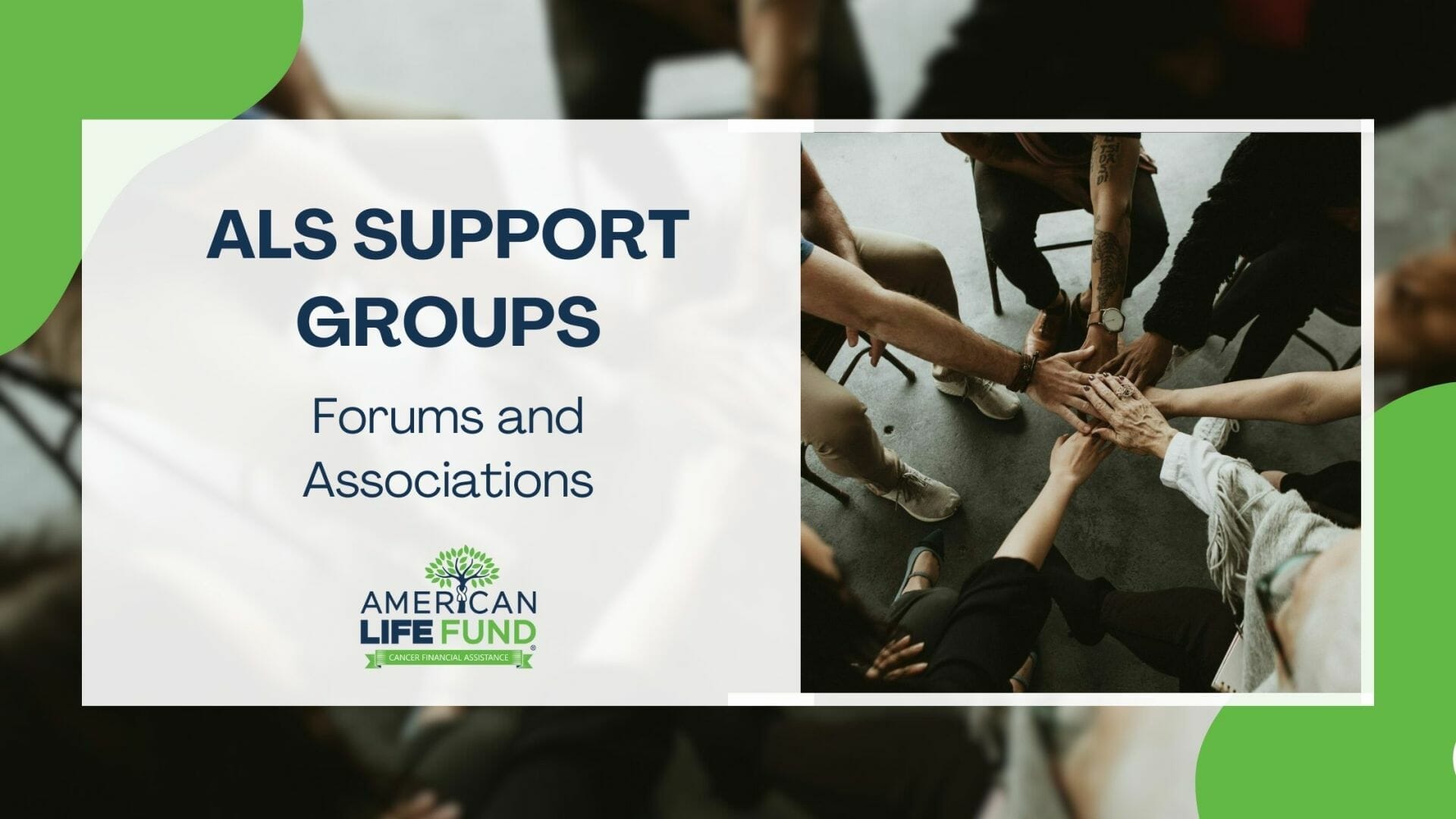 Blog feature image with a group of people holding hands in a circle and a caption that says als support groups