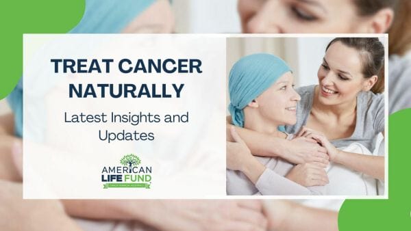 Blog feature image with woman hugging another woman wearing blue turban and a caption that says treat cancer naturally