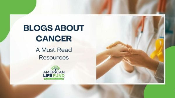 Blog feature image with a doctor with a yellow ribbon holding a hand of another woman in a hospital and a caption that says blogs about cancer