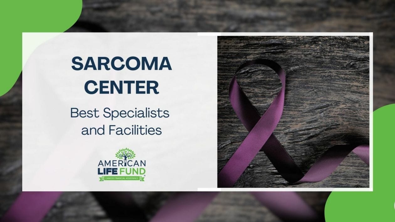 Blog feature image with a purple ribbon in a dark background and a caption that says sarcoma center