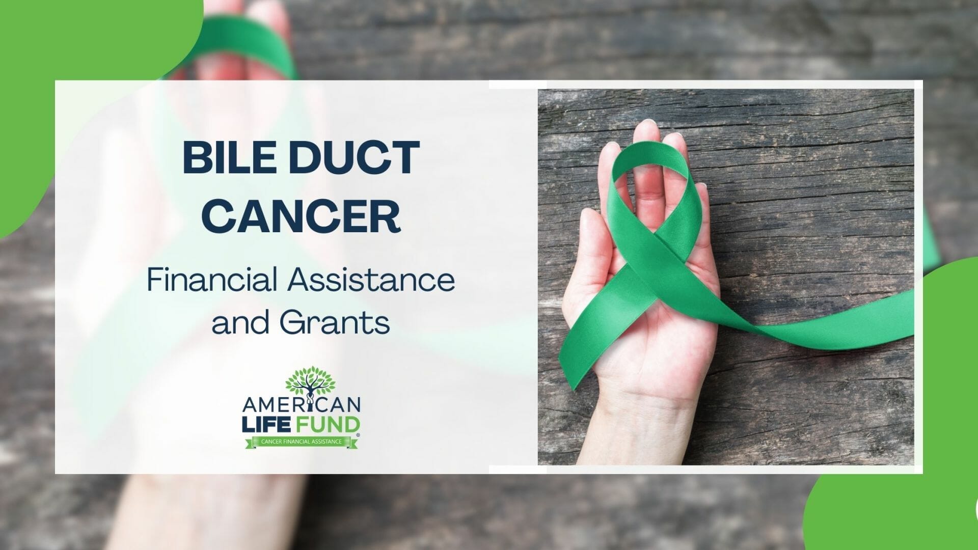 Blog feature image with someone holding a green ribbon in their hand and a caption that says bile duct cancer