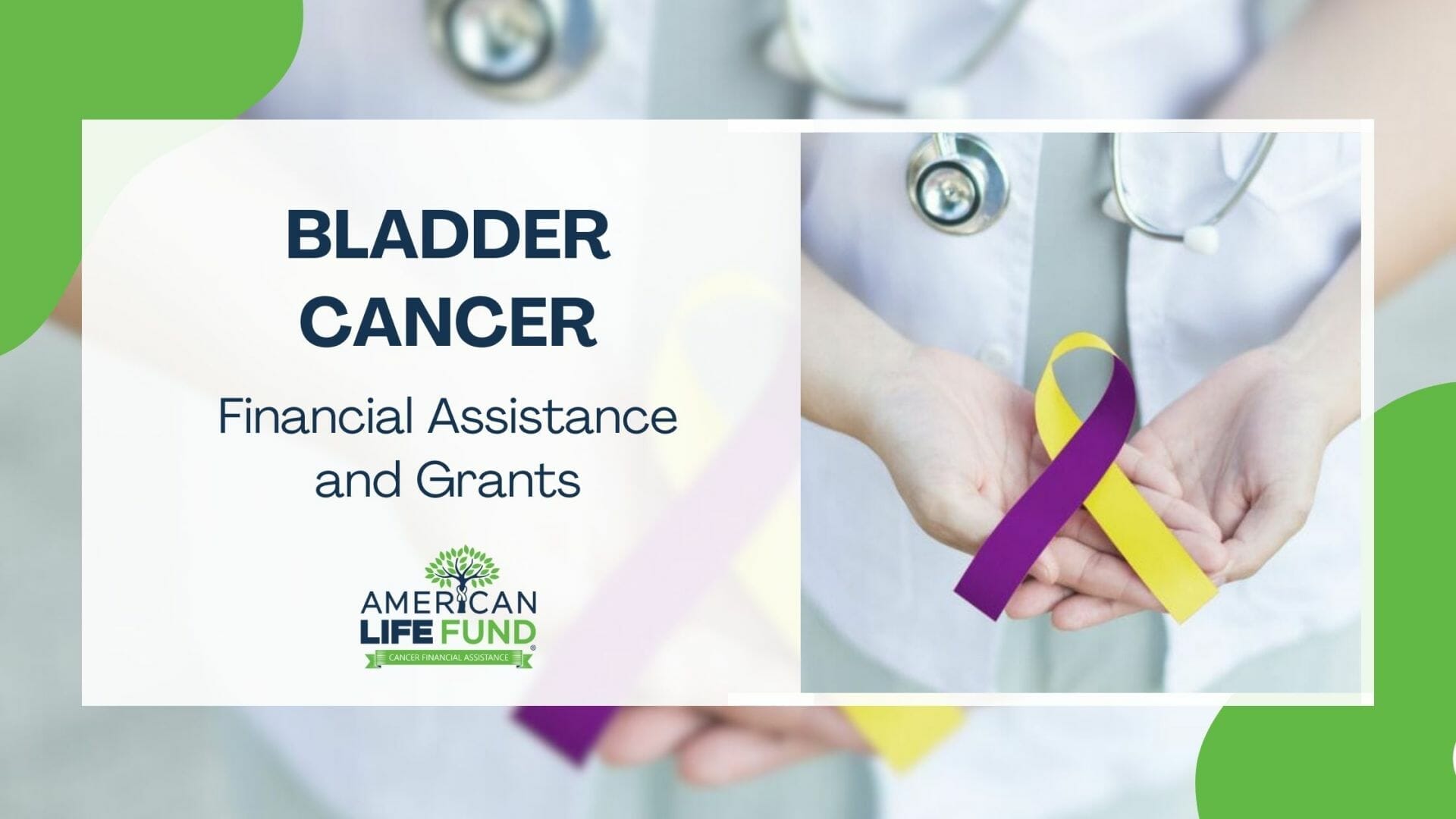 Blog feature image with a doctor holding a purple and yelow ribbon and a caption that says bladder cancer