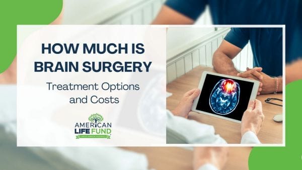 Blog feature image with a man in a blue shirt with a doctor holding a tablet computer with a brain scan on it and a caption that says how much is brain surgery