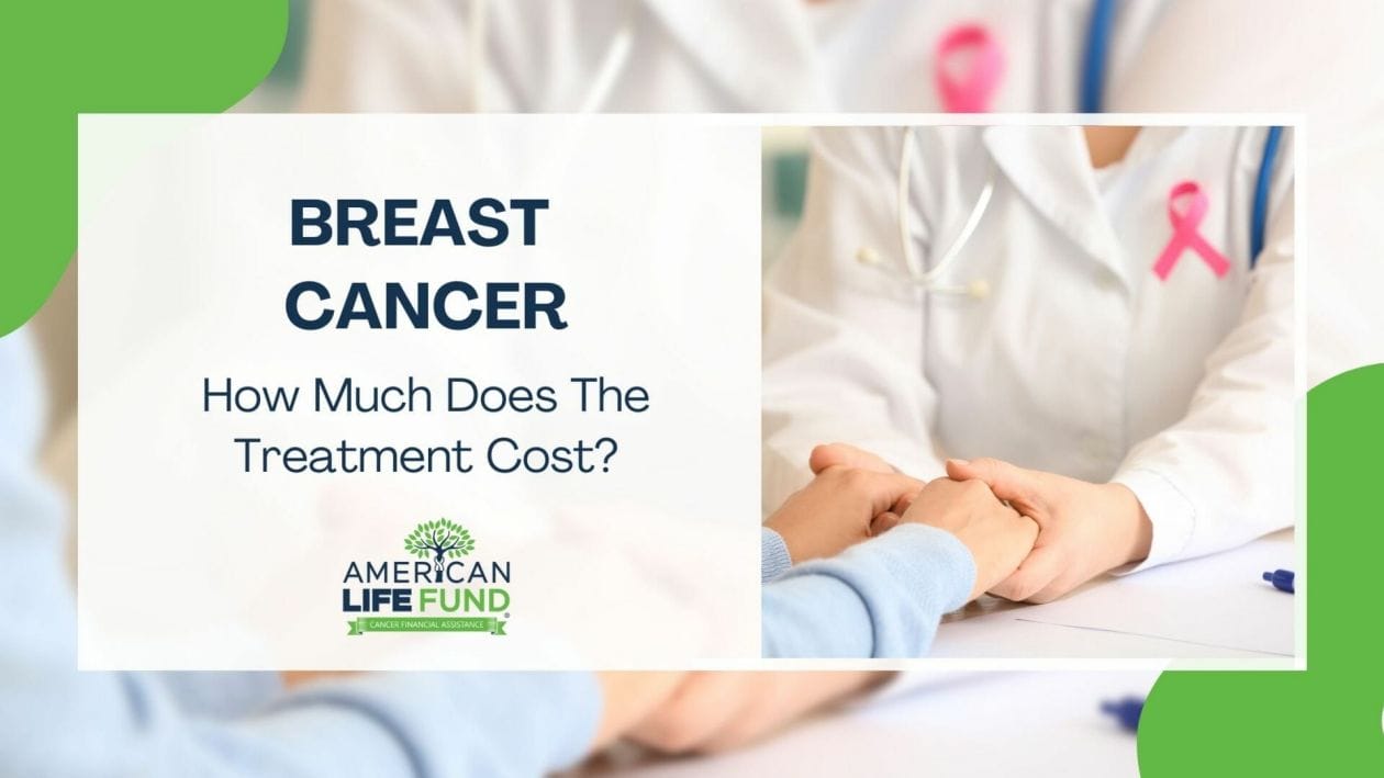 Blog feature image with a doctor that has pink ribbon on her chest holding someone's hand and a caption that says breast cancer