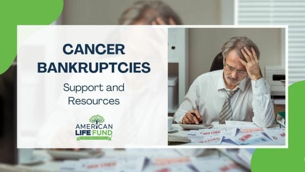 Blog feature image with a man sitting at a desk with papers and a calculator and a caption that says cancer bankruptcies