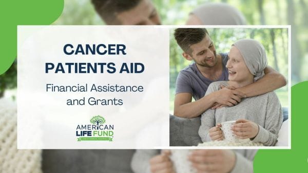 Blog feature image with a woman sitting on a couch with a man hugging her from behind and a caption that says cancer patients aid