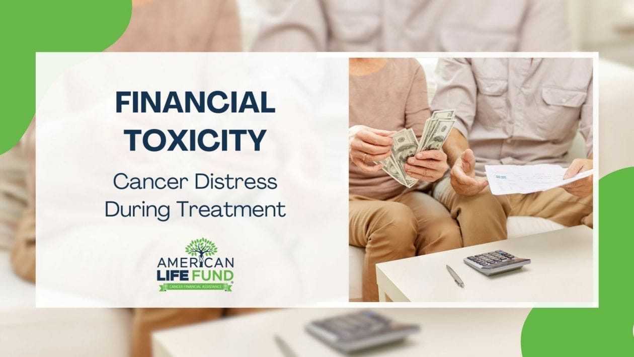 Blog feature image with a woman is holding a money bills and a man holding a paper with calculator on the table and a caption that says financial toxicity