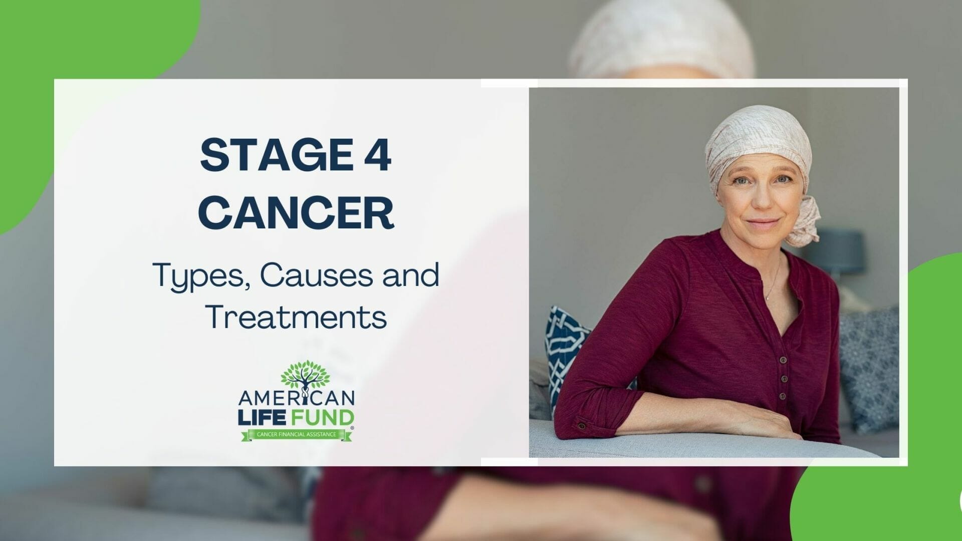 Blog feature image with a woman with a turban sitting and leaning at a table and a caption that says stage 4 cancer