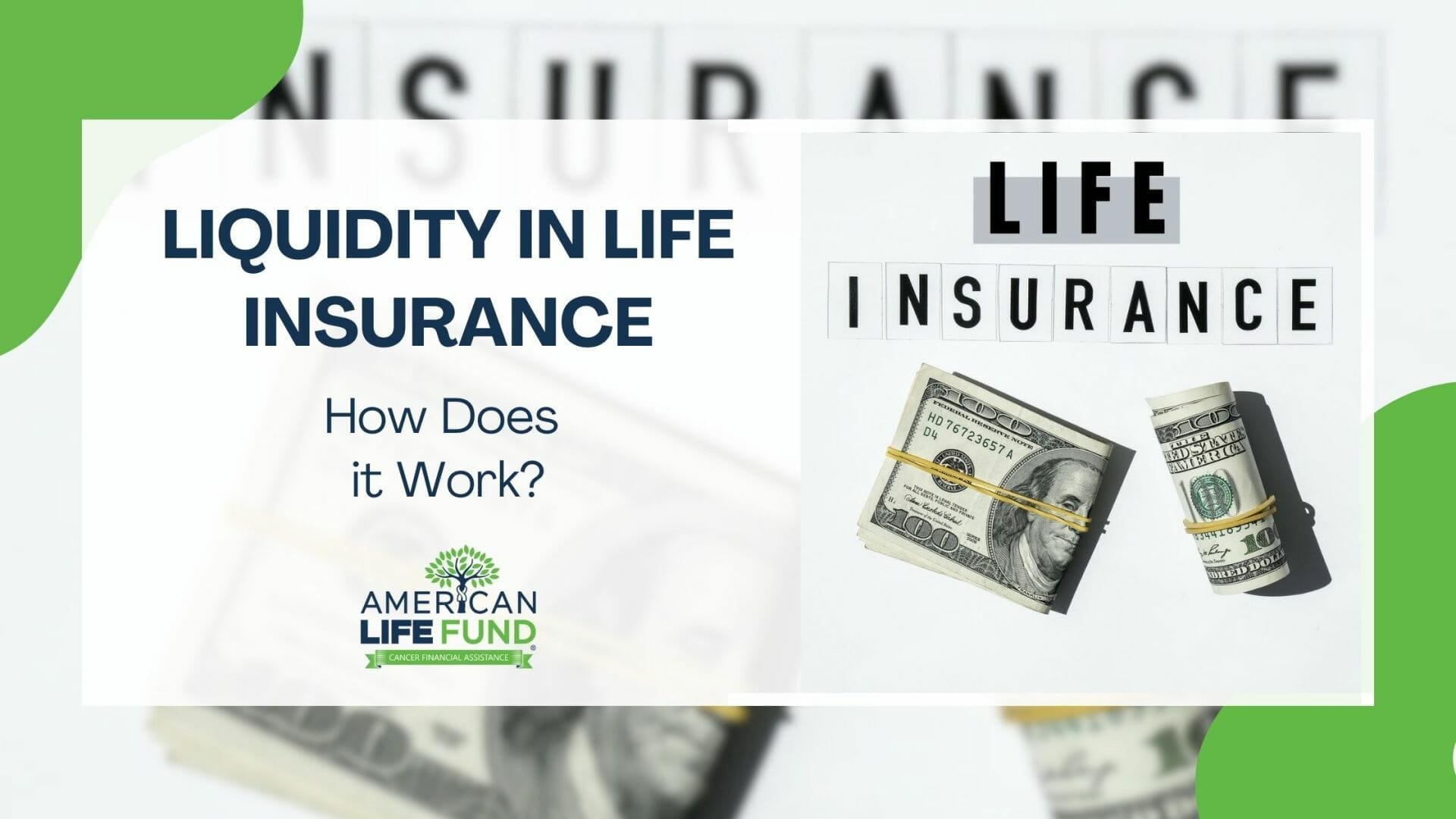 Blog feature image with two piles of money clipped with rubber bands in a white background and a caption that says liquidity in life insurance