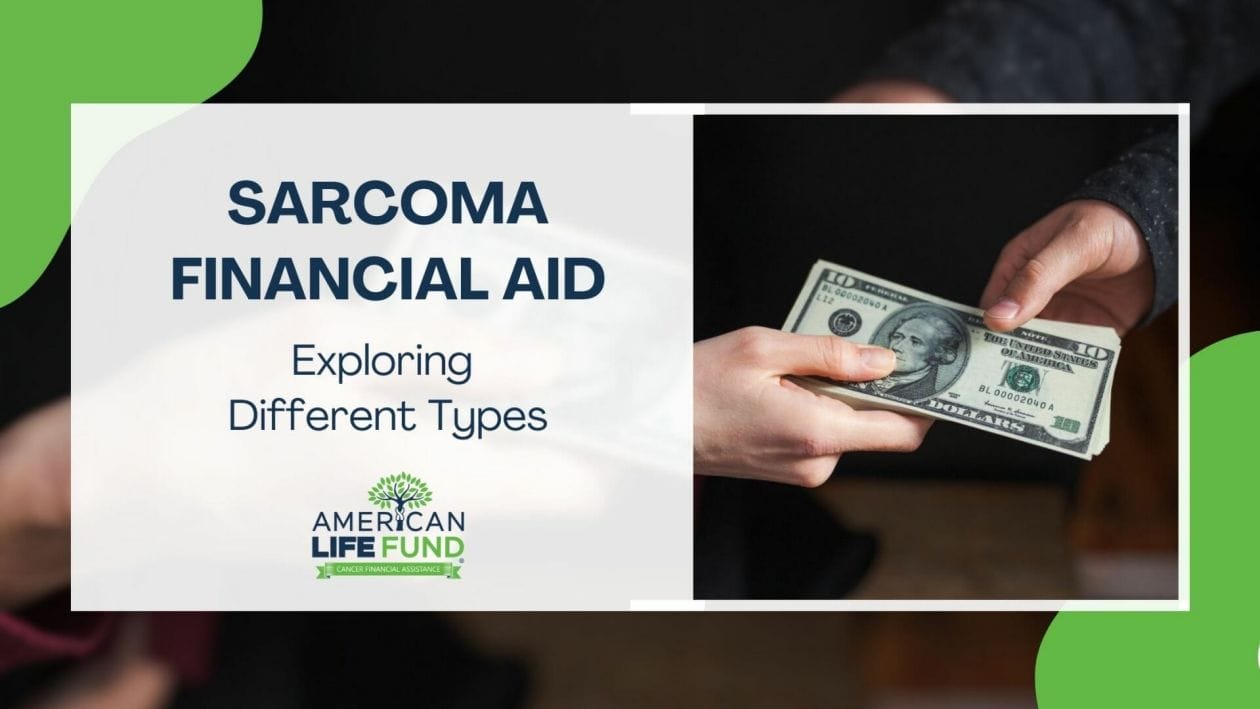 Blog feature image with a person handing a dollar to another person and a caption that says sarcoma financial aid