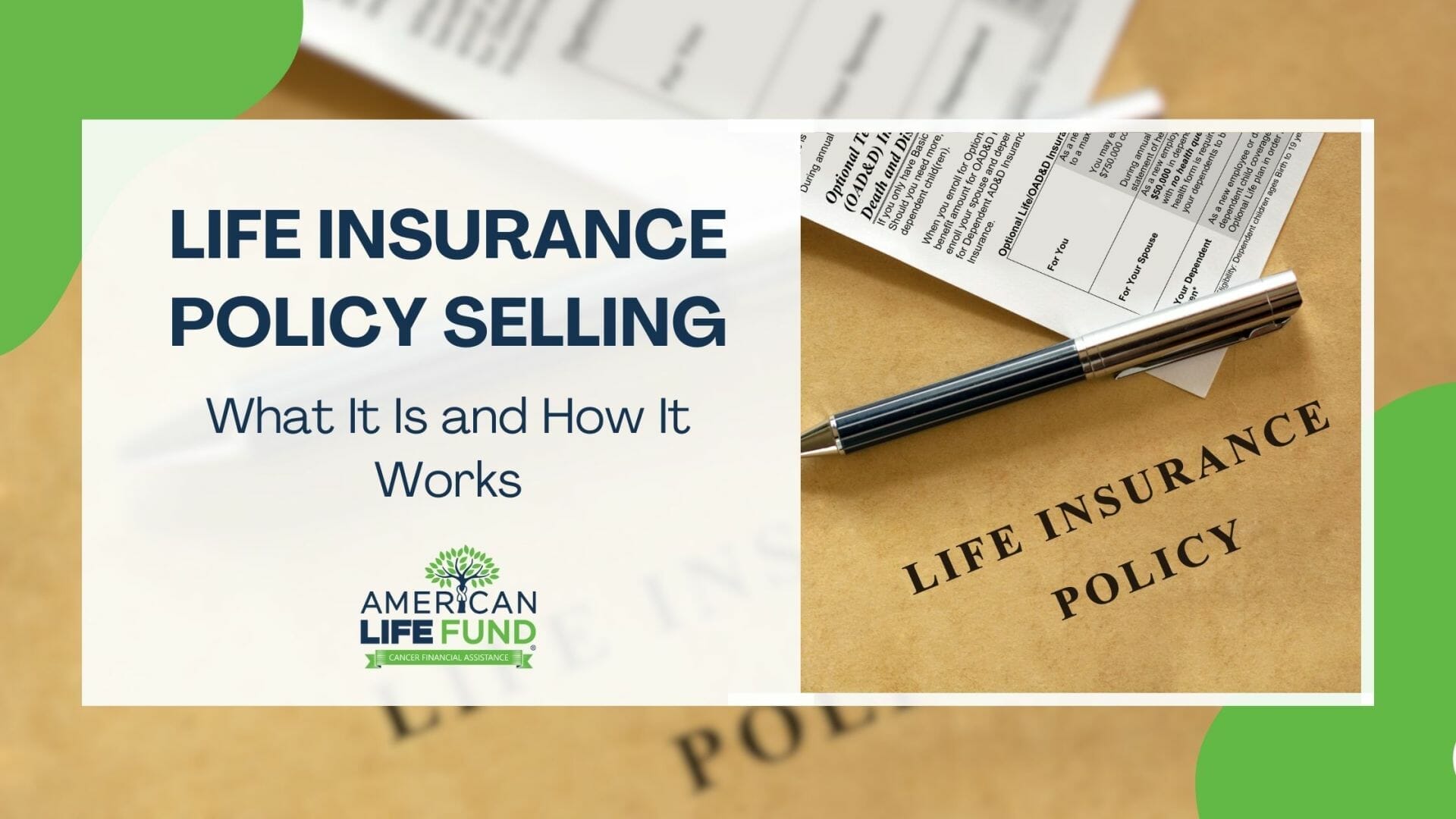 Blog feature image with a pen and a piece of paper with with brown background and a caption that says life insurance policy selling