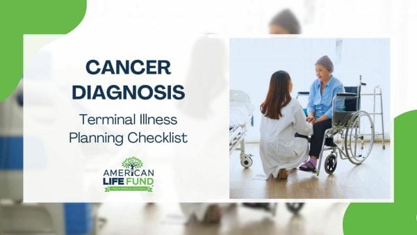 Blog feature image with a woman in a wheelchair talking to a doctor sitting on the floor and a caption that says cancer diagnosis
