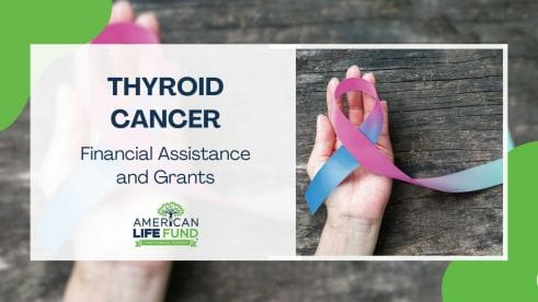 Blog feature image with someone holding a pink and blue ribbon and a caption that says thyroid cancer