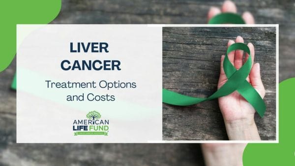 Blog feature image with a person holding a green ribbon and a caption that says liver cancer treatment options and costs