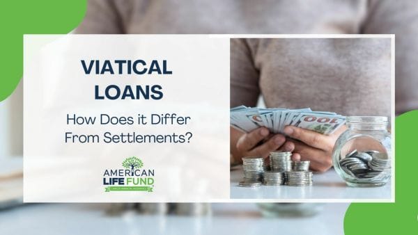Blog feature image with a woman holding a bunch of money with a jar and stacks of coins and a caption that says viatical loans