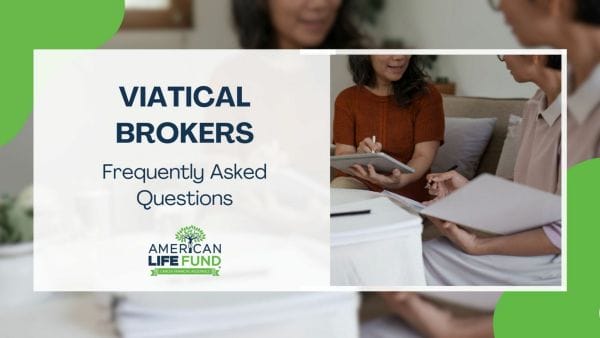 Blog feature image with women sitting on a couch talking to an american life fund agent with papers and tablet and a caption that says viatical brokers