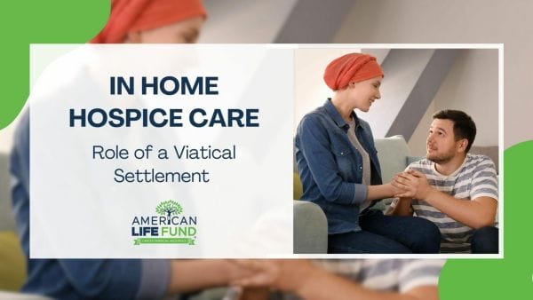 Blog feature image with a woman wearing a red turban and a man sitting on a couch holding each other's hand and a caption that says in home hospice care