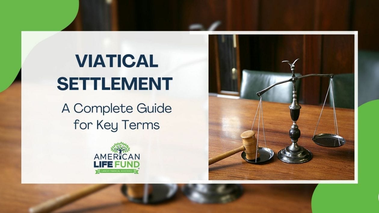Blog feature image with a scale and a brown gavel on a wooden table and a caption that says viatical settlement