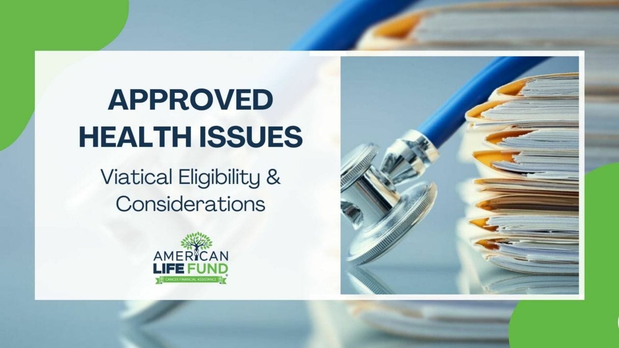 Blog feature image with a pile of papers with a stethoscope on top of it and a caption that says approved health issues viatical eligibility