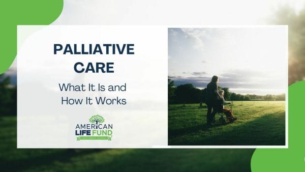 Blog feature image with a woman and child walking in a field and a caption that says palliative care