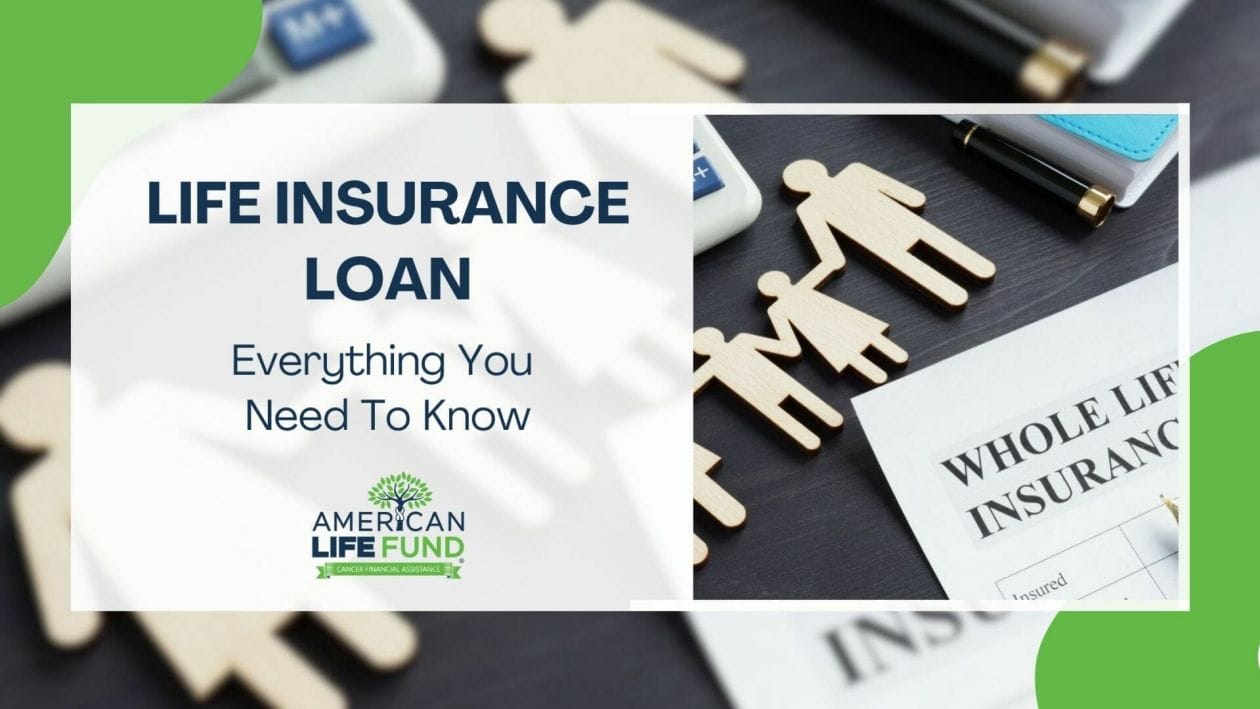 Blog feature image with a paper cutouts family, a calculator and black pen beside a notebook and a caption that says life insurance loan