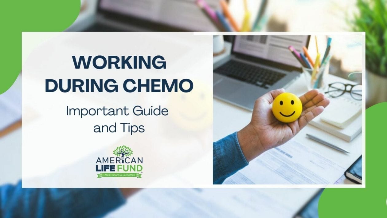Blog feature image with someone holding a yellow smiley face ball in their hand and a caption that says working during chemo
