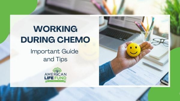 Blog feature image with someone holding a yellow smiley face ball in their hand and a caption that says working during chemo