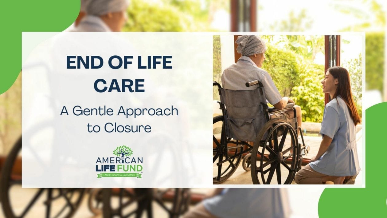 Blog feature image with Man in a wheelchair with woman talking to him and a caption that says end of life care
