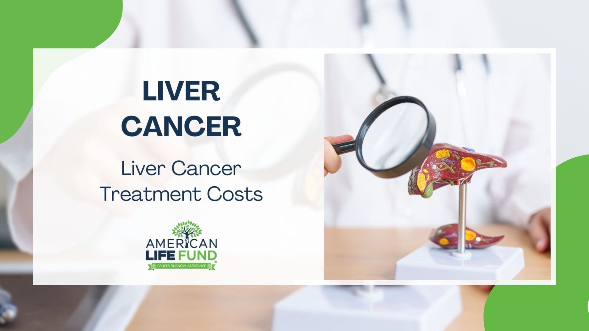 An informative blog header with a focus on financial aspects of healthcare, featuring a model of a liver with disease markers being examined through a magnifying glass, and the title 'Liver Cancer Treatment Costs' prominently displayed, alongside the logo of American Life Fund.