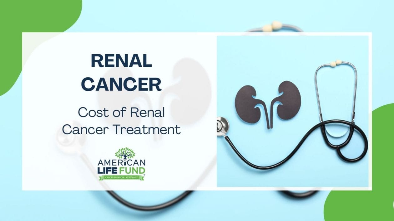 An informative graphic for a blog post featuring the text "Renal Cancer: Cost of Renal Cancer Treatment" with a backdrop of a stylized kidney shape and a stethoscope. The American Life Fund logo is displayed, indicating financial assistance for Renal Cancer Treatment Costs. The design incorporates a soothing blue and green color scheme.