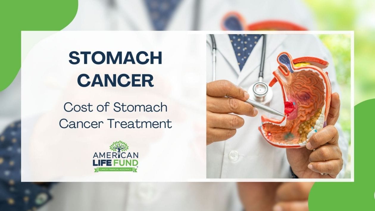 An educational image displaying a doctor with a stethoscope examining a 3D model of the stomach, illustrating a medical consultation for stomach cancer. Accompanying text reads "STOMACH CANCER - Cost of Stomach Cancer Treatment" with the American Life Fund logo, emphasizing financial assistance options for stomach cancer treatment costs.