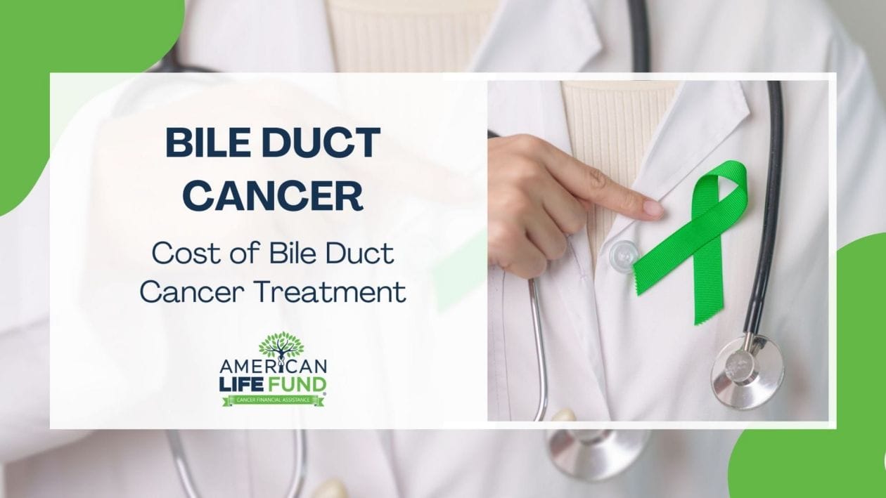 A medical professional points to a green ribbon symbolizing bile duct cancer awareness, with information on bile duct cancer treatment costs by American Life Fund.