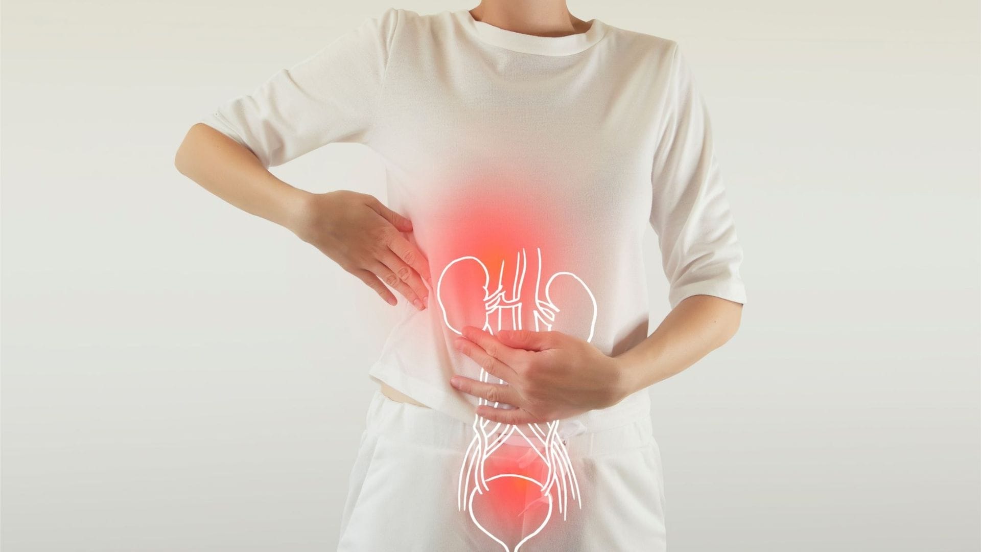 A person is shown with a glowing outline of the urinary system on the abdomen, symbolizing the importance of understanding health insurance benefits for covering medical procedures and conditions.